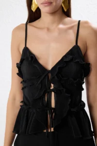 TRENDYOLMİLLA Black Frilly pleated Knitting Blouse - Image 3