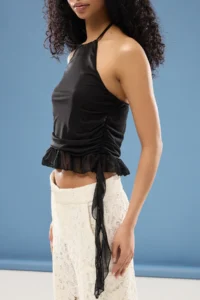 TRENDYOLMİLLA Black Lined Ruffle Detailed Tulle Knitting Blouse - Image 4