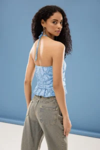 TRENDYOLMİLLA Mavi-Multicolored Printed Barbell Collar Sleeveless Frilly Knitting Tulle Elegant/Evening Blouse - Image 2