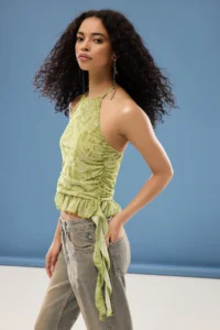TRENDYOLMİLLA Green-Multicolored Lined Ruffle Detailed Tulle Knitting Blouse