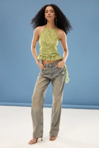 TRENDYOLMİLLA Green-Multicolored Lined Ruffle Detailed Tulle Knitting Blouse - Image 2