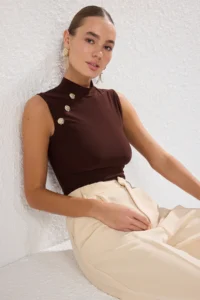 TRENDYOLMİLLA Brown Dog collar Accessory Detailed Knitting Chic Blouse - Image 2