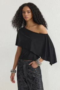 TRENDYOLMİLLA Black Asymmetric Pelerin Yaka Knitting Blouse - Image 2