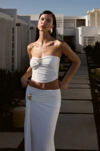 TRENDYOLMİLLA White Accessory Detailed Strapless Knitting Chic Blouse