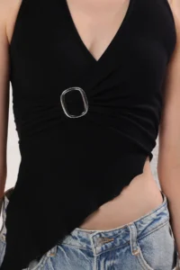 TRENDYOLMİLLA Black Double breasted Yaka Accessory Detailed Knitting Party Blouse - Image 4