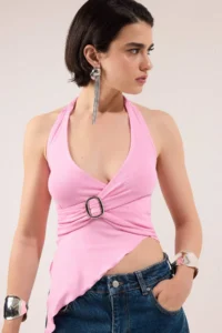 TRENDYOLMİLLA Light Pink Double breasted Yaka Accessory Detailed Knitting Party Blouse - Image 3
