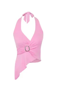 TRENDYOLMİLLA Light Pink Double breasted Yaka Accessory Detailed Knitting Party Blouse - Image 6