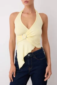 TRENDYOLMİLLA Light Yellow Double breasted Yaka Accessory Detailed Knitting Party Blouse - Image 3