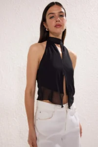 TRENDYOLMİLLA Black Barbell Neck Knitting Tulle Party Blouse - Image 3