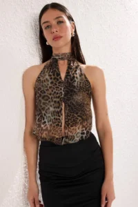 TRENDYOLMİLLA Leopard tied up Knitting Tulle Party Blouse - Image 2