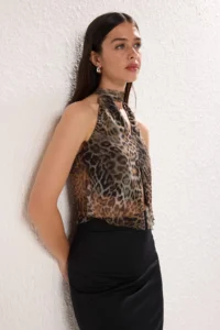 TRENDYOLMİLLA Leopard tied up Knitting Tulle Party Blouse - Image 3