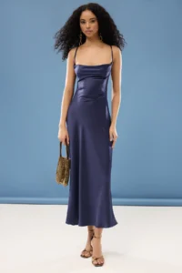 TRENDYOLMİLLA Navy Blue Detailed Off-Shoulder Neck Satin Weaving Chic Evening Gown Gece Graduation Dress - Image 2