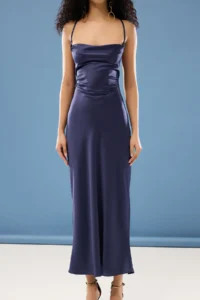 TRENDYOLMİLLA Navy Blue Detailed Off-Shoulder Neck Satin Weaving Chic Evening Gown Gece Graduation Dress - Image 3