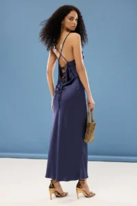 TRENDYOLMİLLA Navy Blue Detailed Off-Shoulder Neck Satin Weaving Chic Evening Gown Gece Graduation Dress - Image 5