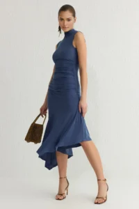 TRENDYOLMİLLA Indigo Skirt Ruffle Detailed Knitting Chic Evening Gown Night Graduation Dress - Image 2