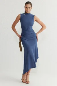 TRENDYOLMİLLA Indigo Skirt Ruffle Detailed Knitting Chic Evening Gown Night Graduation Dress - Image 3