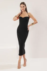 TRENDYOLMİLLA Black Accessory Detailed Weaving Chic Evening Gown Gece Graduation Dress