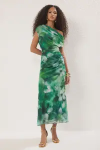TRENDYOLMİLLA Green-Multicolored Abstract Patterned Lined Tulle Knitting Midi Evening Gown Gece Graduation Dress