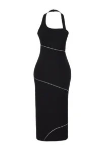 TRENDYOLMİLLA Black Fitted Shiny Stone Weaving Evening Gown Gece Graduation Dress - Image 3