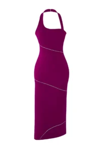 TRENDYOLMİLLA Plum Fitted Shiny Stone Weaving Evening Gown Night Graduation Dress - Image 5
