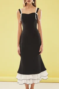TRENDYOLMİLLA Black-White Skirt Detailed with bow Wedding/Marriage Evening Gown Gece Graduation Dress - Image 3