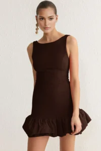TRENDYOLMİLLA Brown Balloon Skirt Detailed Inside Shorts Lined Short Evening Gown Gece Graduation Dress - Image 2
