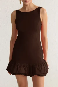 TRENDYOLMİLLA Brown Balloon Skirt Detailed Inside Shorts Lined Short Evening Gown Gece Graduation Dress - Image 3