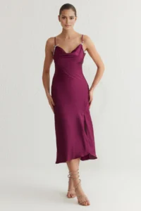 TRENDYOLMİLLA Plum Stone Bow Detailed Off-Shoulder Neck Satin Evening Gown Gece Graduation Dress - Image 5