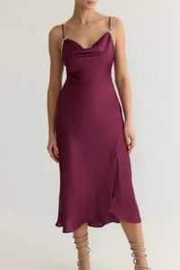 TRENDYOLMİLLA Plum Stone Bow Detailed Off-Shoulder Neck Satin Evening Gown Gece Graduation Dress - Image 6