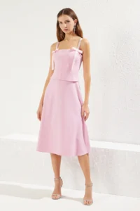 TRENDYOLMİLLA Pink A-Cut Bow Detailed Weaving Chic Evening Gown Night Graduation Dress - Image 2