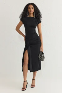 TRENDYOLMİLLA Black Body-Fitting Lined Knitting Dress with Adjustable Back Tie
