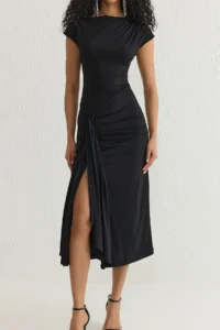 TRENDYOLMİLLA Black Body-Fitting Lined Knitting Dress with Adjustable Back Tie - Image 3