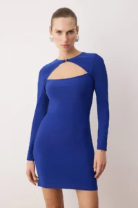 TRENDYOLMİLLA Saks Blue Fitted Knitting Short Chic Evening Gown Gece Graduation Dress - Image 2
