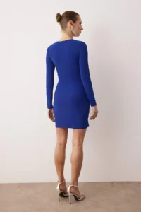 TRENDYOLMİLLA Saks Blue Fitted Knitting Short Chic Evening Gown Gece Graduation Dress - Image 4