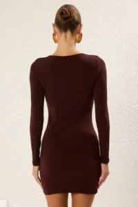 TRENDYOLMİLLA Brown Fitted Knitting Short Chic Evening Gown Gece Graduation Dress - Image 5