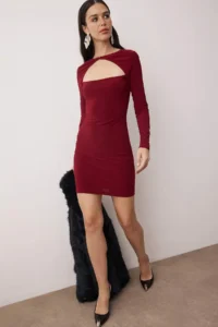 TRENDYOLMİLLA Burgundy Fitted Knitting Short Chic Evening Gown Gece Graduation Dress