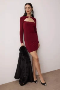 TRENDYOLMİLLA Burgundy Fitted Knitting Short Chic Evening Gown Gece Graduation Dress - Image 2
