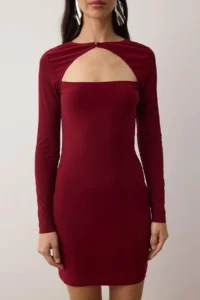 TRENDYOLMİLLA Burgundy Fitted Knitting Short Chic Evening Gown Gece Graduation Dress - Image 3