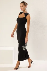 TRENDYOLMİLLA Black Fitted Knitting Midi Chic Evening Gown Gece Graduation Dress - Image 2