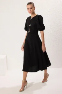TRENDYOLMİLLA Black A-Kesim with bow Knitting Chic Evening Gown Gece Mezuiyet her dress - Image 2