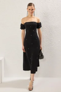 TRENDYOLMİLLA Black Carmen Collar Stone Print Detailed Weaving Midi Chic Evening Gown Night Graduation her dress