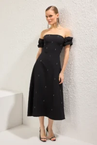 TRENDYOLMİLLA Black Carmen Collar Stone Print Detailed Weaving Midi Chic Evening Gown Night Graduation her dress - Image 2