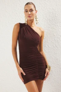 TRENDYOLMİLLA Brown Fitted Draped Chic Mini Dress
