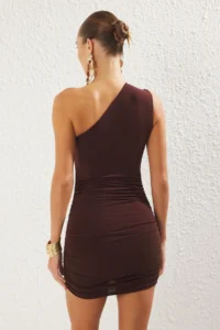 TRENDYOLMİLLA Brown Fitted Draped Chic Mini Dress - Image 5