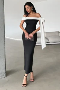 TRENDYOLMİLLA Black-White Fitted Shoulder Bow Detailed Knitting Chic Evening Gown Night Graduation Dress - Image 2