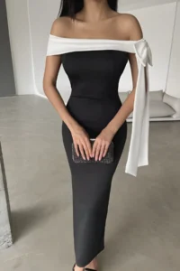 TRENDYOLMİLLA Black-White Fitted Shoulder Bow Detailed Knitting Chic Evening Gown Night Graduation Dress - Image 3