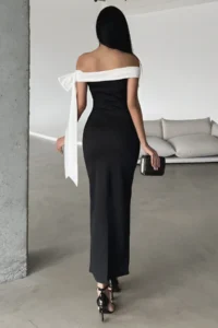 TRENDYOLMİLLA Black-White Fitted Shoulder Bow Detailed Knitting Chic Evening Gown Night Graduation Dress - Image 4