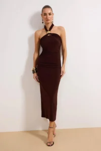 TRENDYOLMİLLA Brown Body-Fitting Accessory Detailed Weaving Maxi Evening Gown Gece Graduation Dress