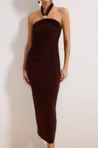 TRENDYOLMİLLA Brown Body-Fitting Accessory Detailed Weaving Maxi Evening Gown Gece Graduation Dress - Image 3