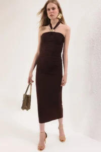 TRENDYOLMİLLA Brown Body-Fitting Accessory Detailed Weaving Maxi Evening Gown Gece Graduation Dress - Image 6